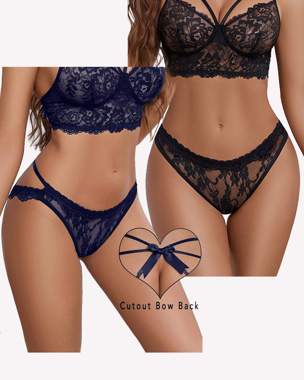 Cute Bow Back Hollow Out Low Rise Panty Black+navy Blue Lingeries-panties - Tophatter Daily Deals