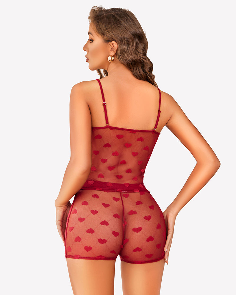 Sheer Back Heart Lace Pajama Set Wine Red Sleepwears-Pajamas Sets - Tophatter Daily Deals