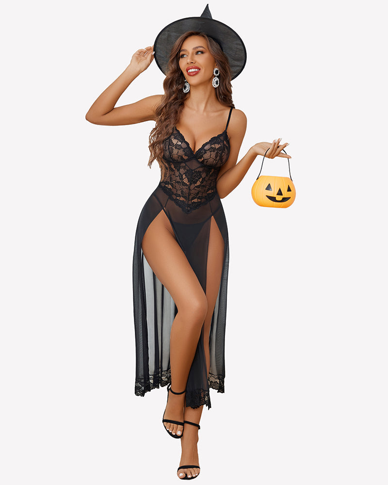 Long Lace Side Split Night Gowns Black Sleepwears-nightgowns - Tophatter Daily Deals