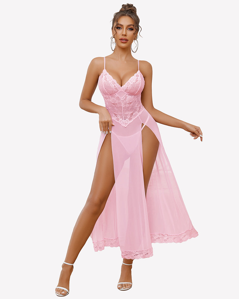 Long Lace Side Split Night Gowns Pink Sleepwears-nightgowns - Tophatter Daily Deals