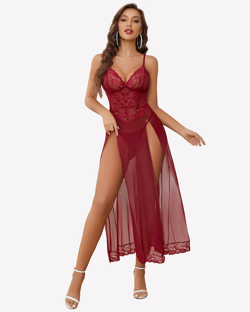 Long Lace Side Split Night Gowns Burgundy Sleepwears-nightgowns - Tophatter Daily Deals