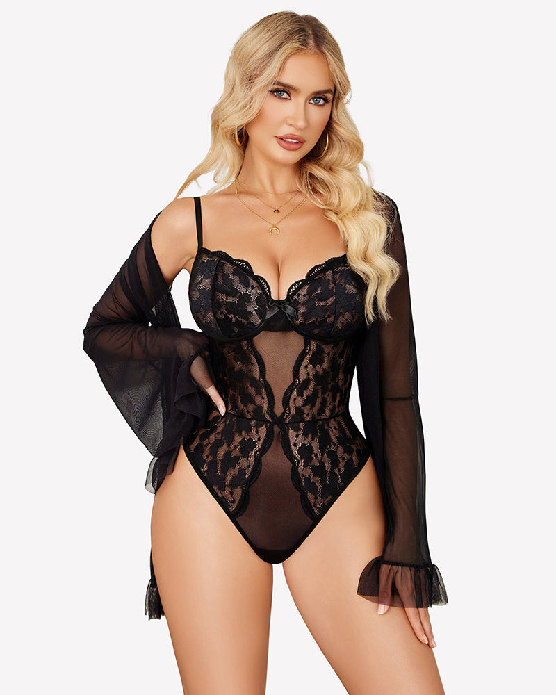 2 Piece Sheer Kimono Robe with Lace Teddy Lingeries-Bodysuits - Tophatter Daily Deals