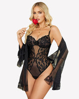 2 Piece Sheer Kimono Robe with Lace Teddy Black Lingeries-Bodysuits - Tophatter Daily Deals