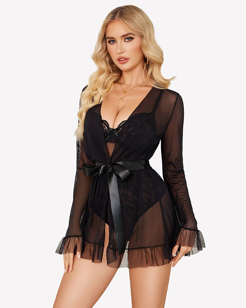 2 Piece Sheer Kimono Robe with Lace Teddy Lingeries-Bodysuits - Tophatter Daily Deals