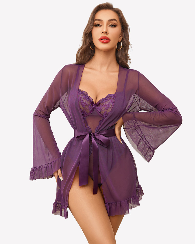 2 Piece Sheer Kimono Robe with Lace Teddy Purple Lingeries-Bodysuits - Tophatter Daily Deals