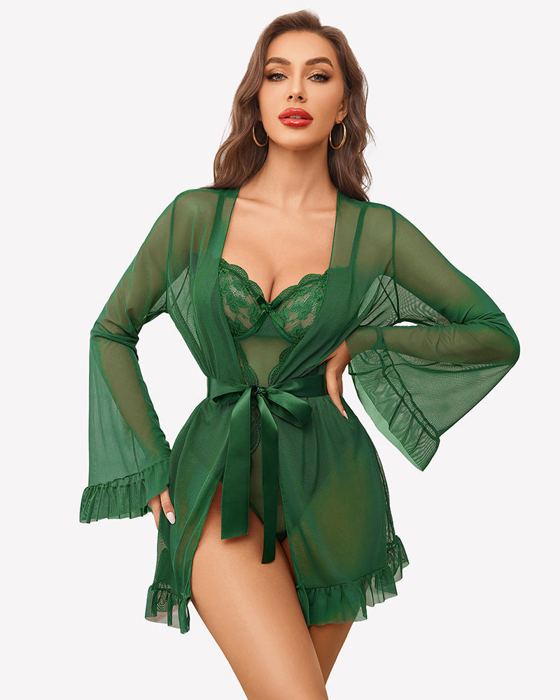 2 Piece Sheer Kimono Robe with Lace Teddy Green Lingeries-Bodysuits - Tophatter Daily Deals