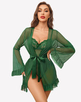 2 Piece Sheer Kimono Robe with Lace Teddy Green Lingeries-Bodysuits - Tophatter Daily Deals