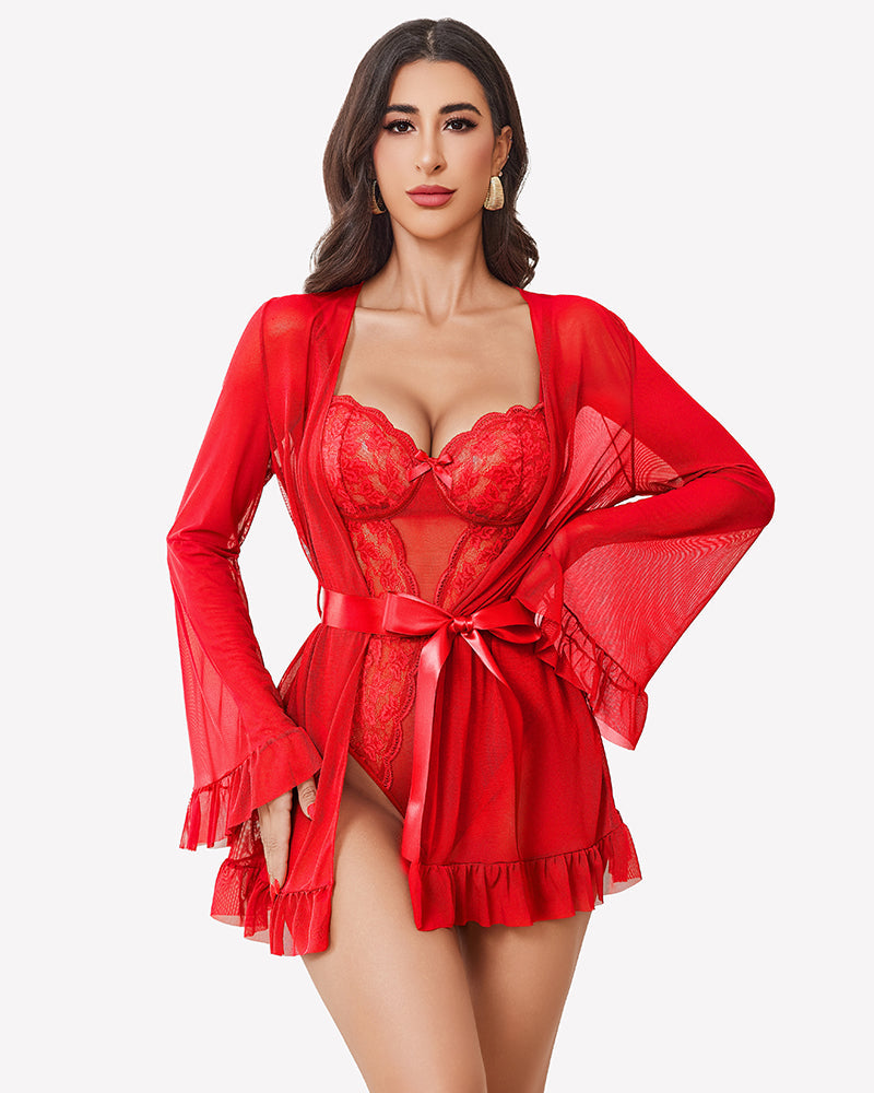 2 Piece Sheer Kimono Robe with Lace Teddy Red Lingeries-Bodysuits - Tophatter Daily Deals