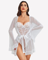 2 Piece Sheer Kimono Robe with Lace Teddy White Lingeries-Bodysuits - Tophatter Daily Deals