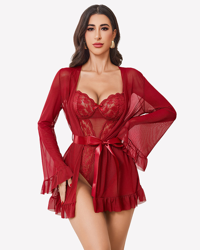 2 Piece Sheer Kimono Robe with Lace Teddy Wine Red Lingeries-Bodysuits - Tophatter Daily Deals