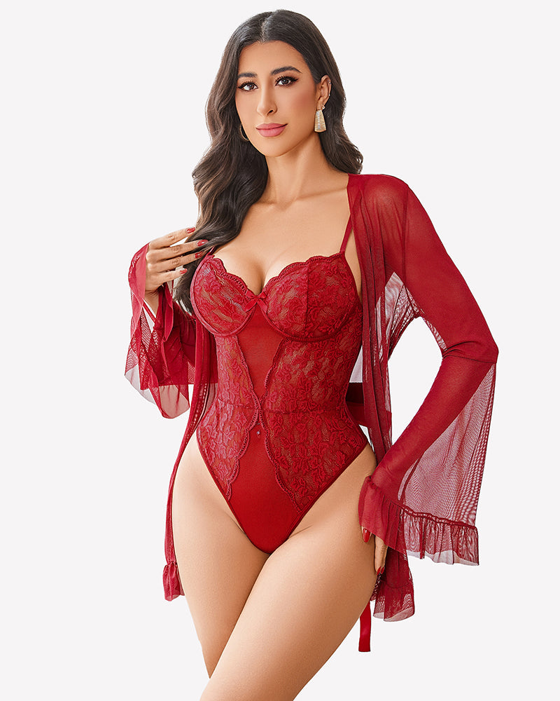 2 Piece Sheer Kimono Robe with Lace Teddy Lingeries-Bodysuits - Tophatter Daily Deals