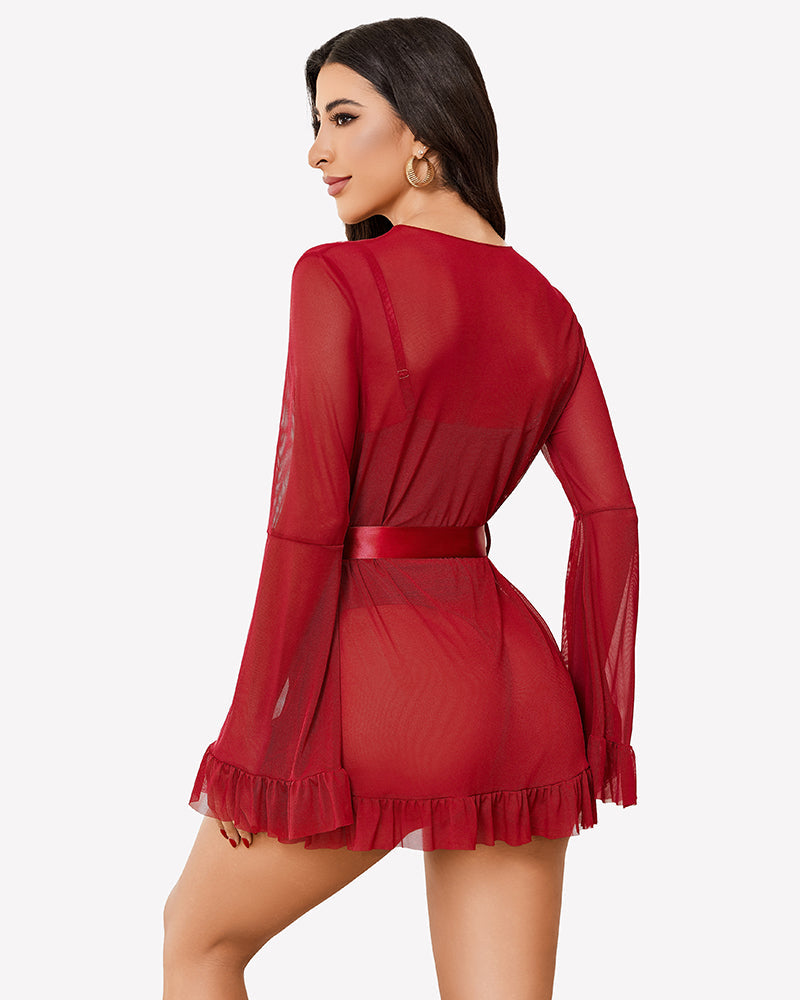 2 Piece Sheer Kimono Robe with Lace Teddy Lingeries-Bodysuits - Tophatter Daily Deals