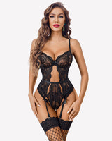 Lace Crotchless Bodysuit with Panty Garter Set Black Lingeries-Bodysuits - Tophatter Daily Deals