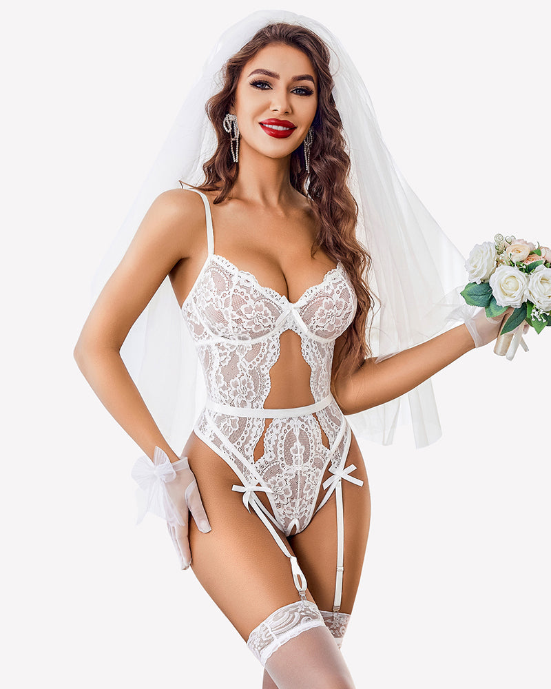 Lace Crotchless Bodysuit with Panty Garter Set Lingeries-Bodysuits - Tophatter Daily Deals