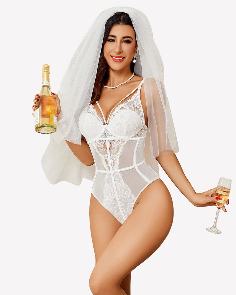 Cut Out Lace Snap Crotch Bodysuit Lingeries-Bodysuits - Tophatter Daily Deals