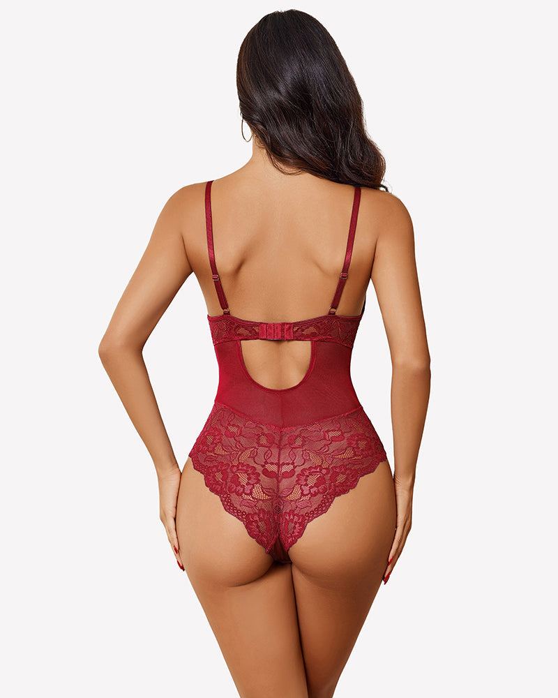Cut Out Lace Snap Crotch Bodysuit Lingeries-Bodysuits - Tophatter Daily Deals