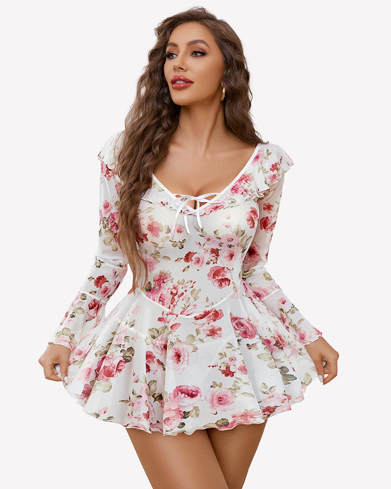 Rave Ruffle Off Shoulder Dress White Floral Lingerie-Babydolls - Tophatter Daily Deals