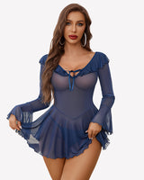 Rave Ruffle Off Shoulder Dress Navy Blue Lingerie-Babydolls - Tophatter Daily Deals