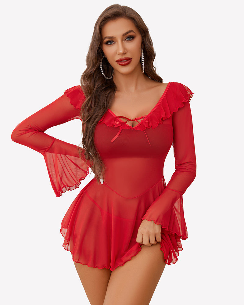 Rave Ruffle Off Shoulder Dress Red Lingerie-Babydolls - Tophatter Daily Deals