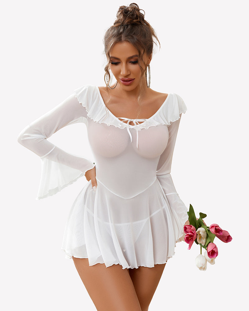 Rave Ruffle Off Shoulder Dress White Lingerie-Babydolls - Tophatter Daily Deals