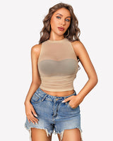 Sheer High Neck Tank Tops Light Brown Lingeries-Crop tops - Tophatter Daily Deals