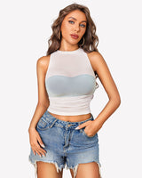 Sheer High Neck Tank Tops White Lingeries-Crop tops - Tophatter Daily Deals