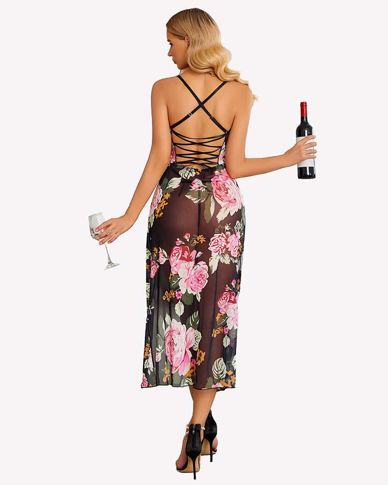 Floral Print Mesh Side Split Nightgown Sleepwears-nightgowns - Tophatter Daily Deals