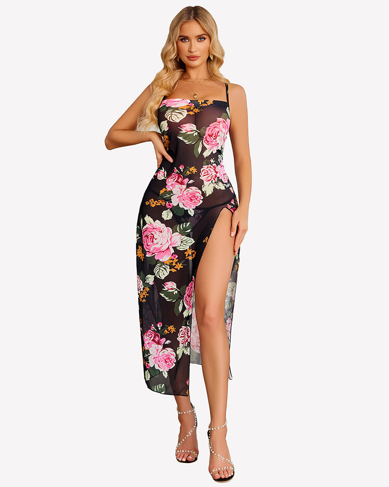 Floral Print Mesh Side Split Nightgown Floral Black Sleepwears-nightgowns - Tophatter Daily Deals