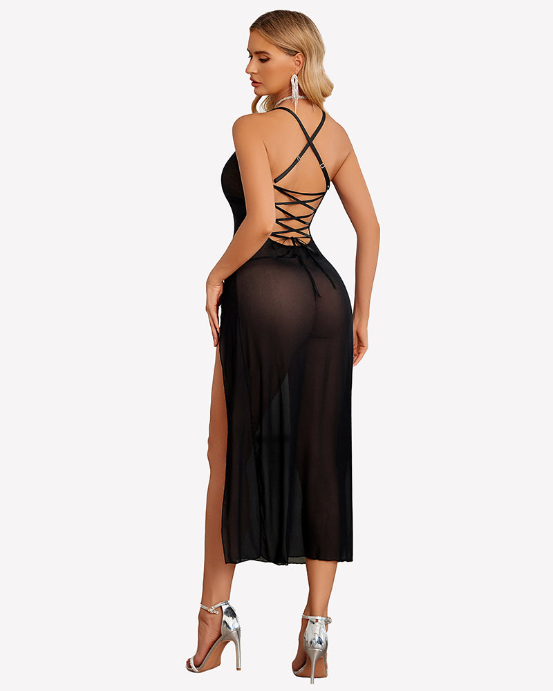 Floral Print Mesh Side Split Nightgown Sleepwears-nightgowns - Tophatter Daily Deals