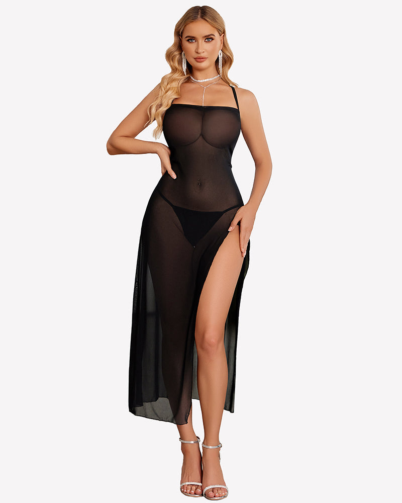 Floral Print Mesh Side Split Nightgown Black Sleepwears-nightgowns - Tophatter Daily Deals