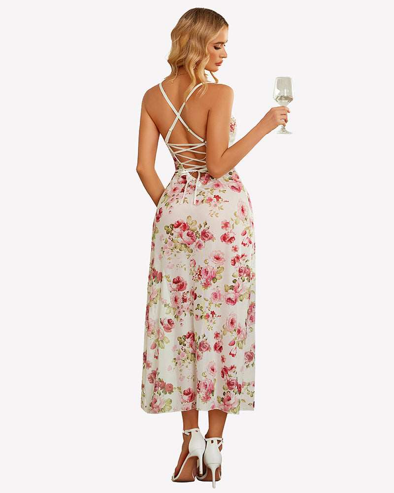 Floral Print Mesh Side Split Nightgown Sleepwears-nightgowns - Tophatter Daily Deals