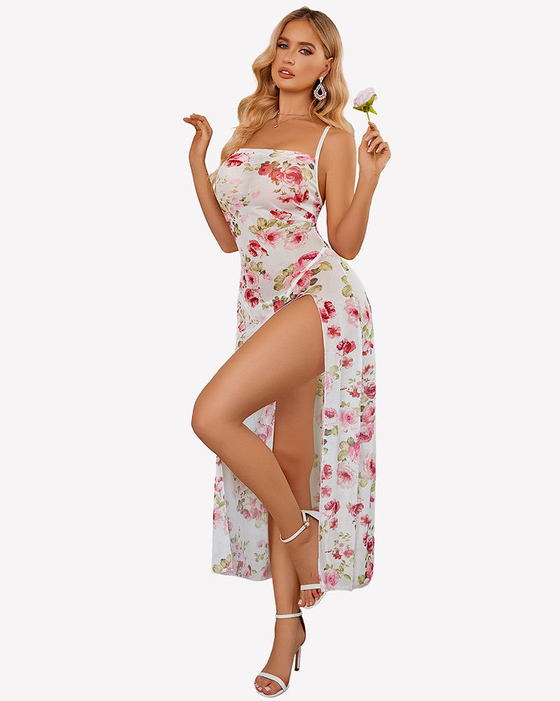Floral Print Mesh Side Split Nightgown Sleepwears-nightgowns - Tophatter Daily Deals