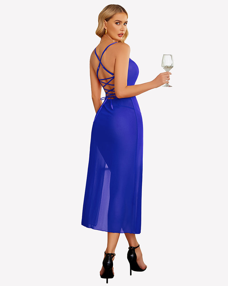 Floral Print Mesh Side Split Nightgown Sleepwears-nightgowns - Tophatter Daily Deals