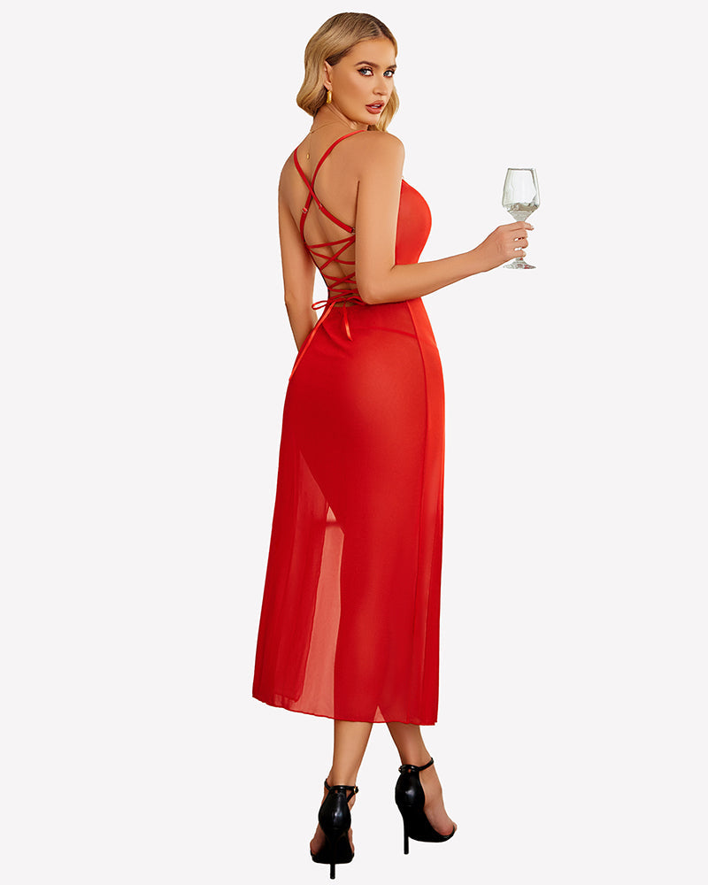Floral Print Mesh Side Split Nightgown Sleepwears-nightgowns - Tophatter Daily Deals