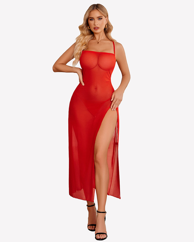 Floral Print Mesh Side Split Nightgown Red Sleepwears-nightgowns - Tophatter Daily Deals