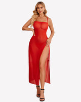 Floral Print Mesh Side Split Nightgown Red Sleepwears-nightgowns - Tophatter Daily Deals