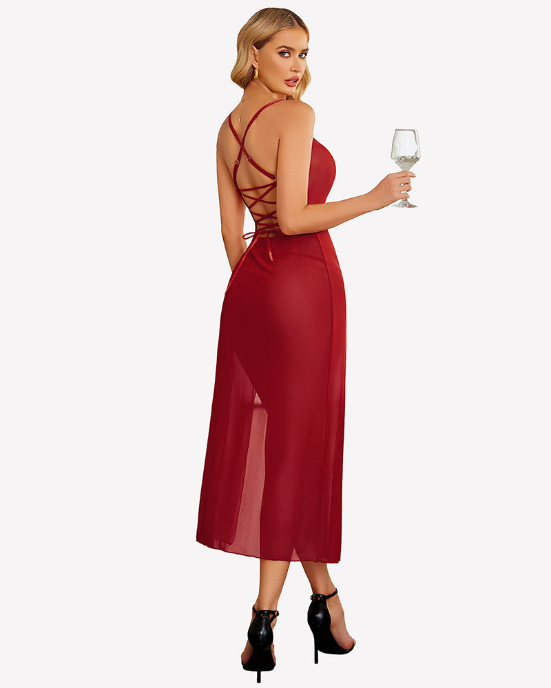 Floral Print Mesh Side Split Nightgown Sleepwears-nightgowns - Tophatter Daily Deals