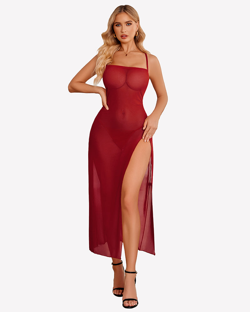 Floral Print Mesh Side Split Nightgown Wine Red Sleepwears-nightgowns - Tophatter Daily Deals