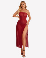 Floral Print Mesh Side Split Nightgown Wine Red Sleepwears-nightgowns - Tophatter Daily Deals