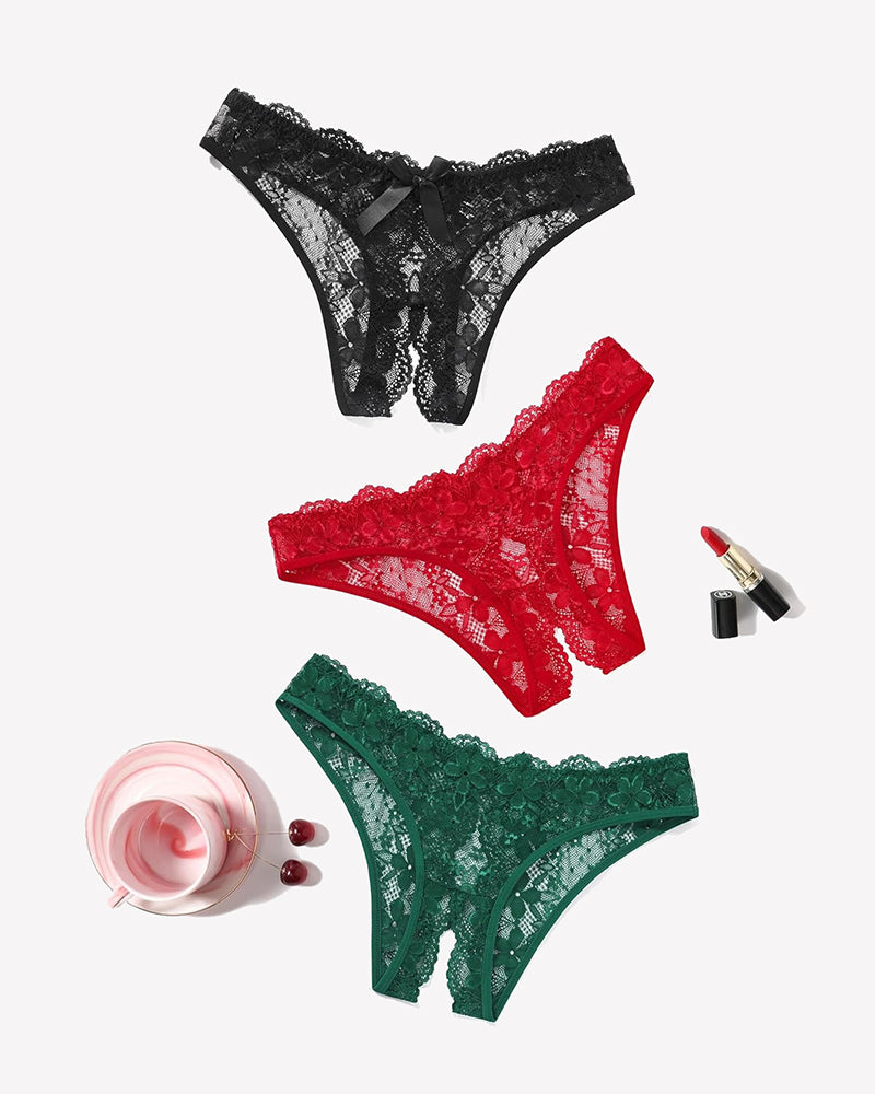 Floral Lace Briefs Hollow Out Bow Underwear Black+red+green Lingeries-panties - Tophatter Daily Deals