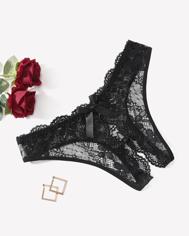 Floral Lace Briefs Hollow Out Bow Underwear Black Lingeries-panties - Tophatter Daily Deals