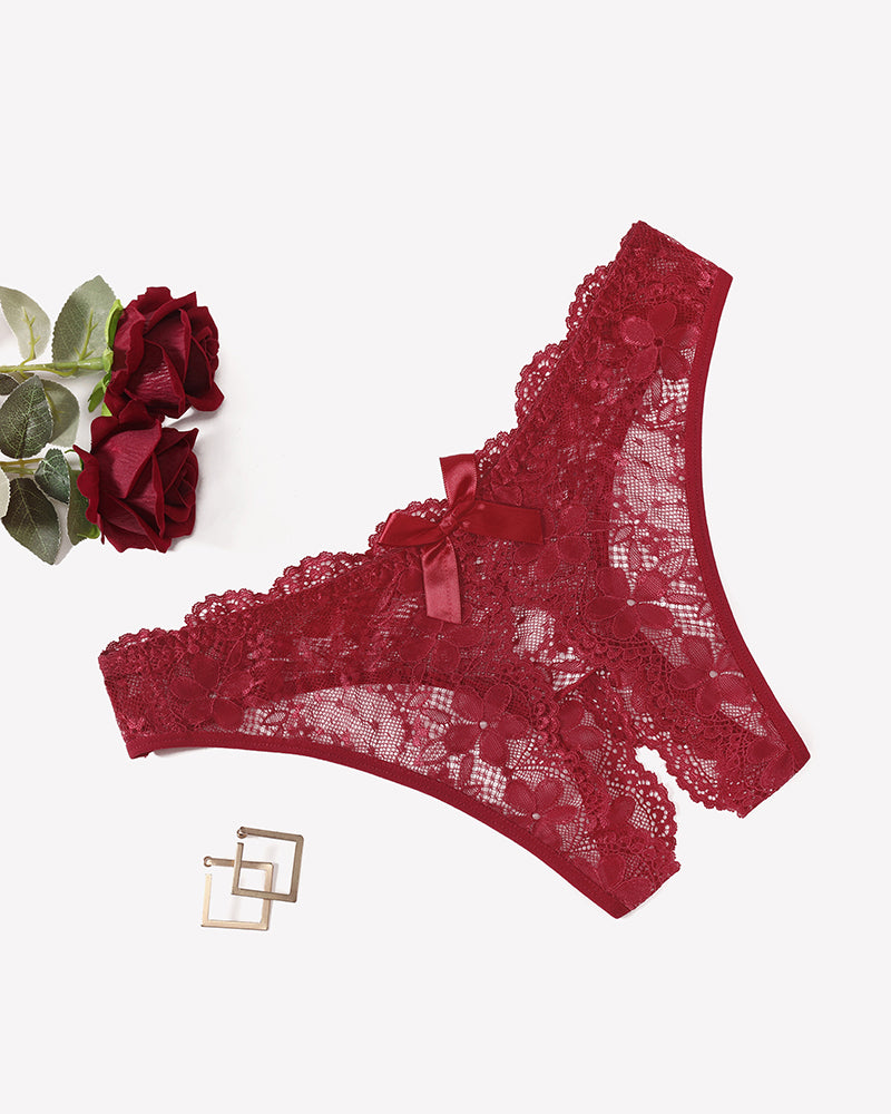 Floral Lace Briefs Hollow Out Bow Underwear Wine Red Lingeries-panties - Tophatter Daily Deals