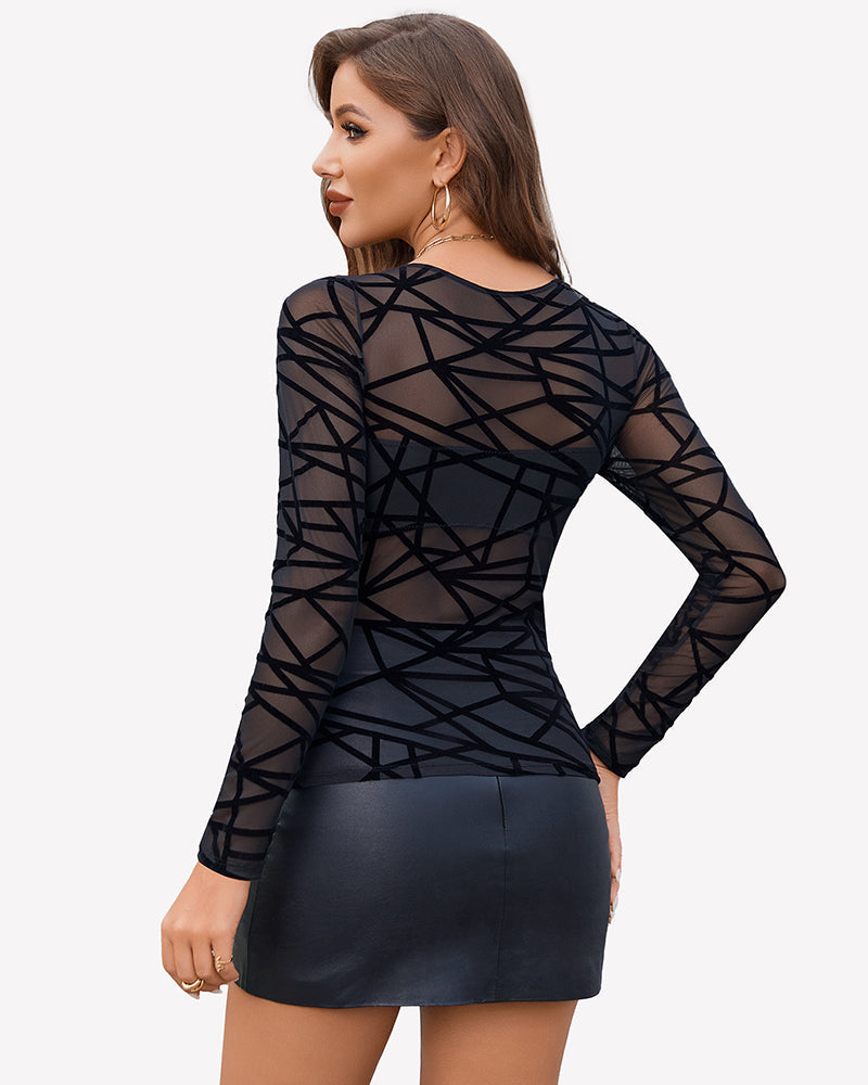 Mesh Floral Long Sleeve Tops Lingeries-Crop tops - Tophatter Daily Deals