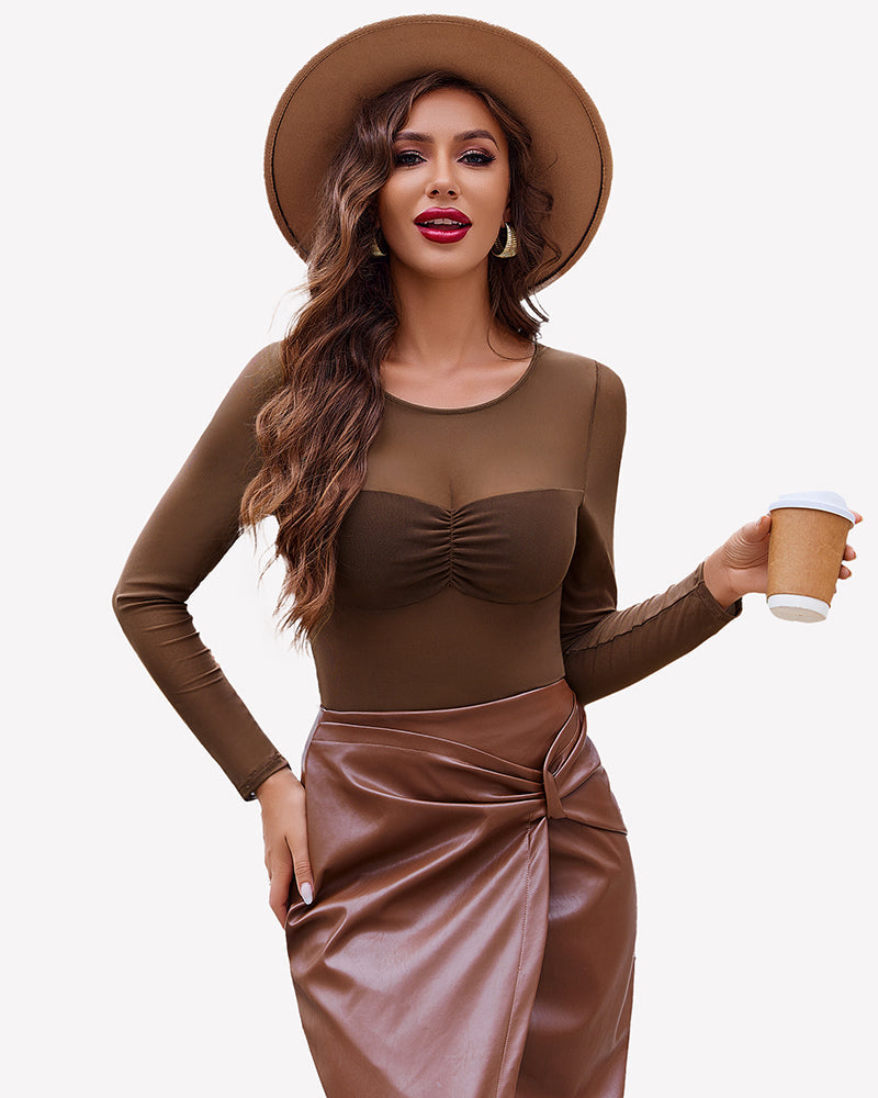 Mesh Floral Long Sleeve Tops Brown Lingeries-Crop tops - Tophatter Daily Deals