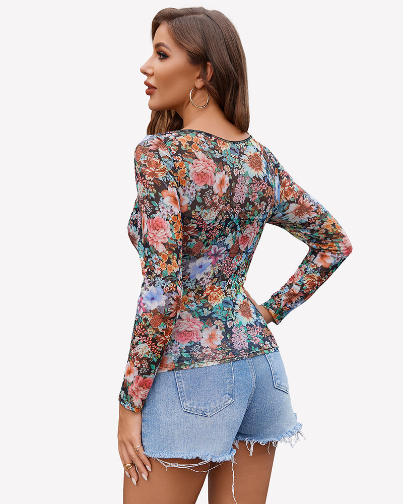 Mesh Floral Long Sleeve Tops Lingeries-Crop tops - Tophatter Daily Deals