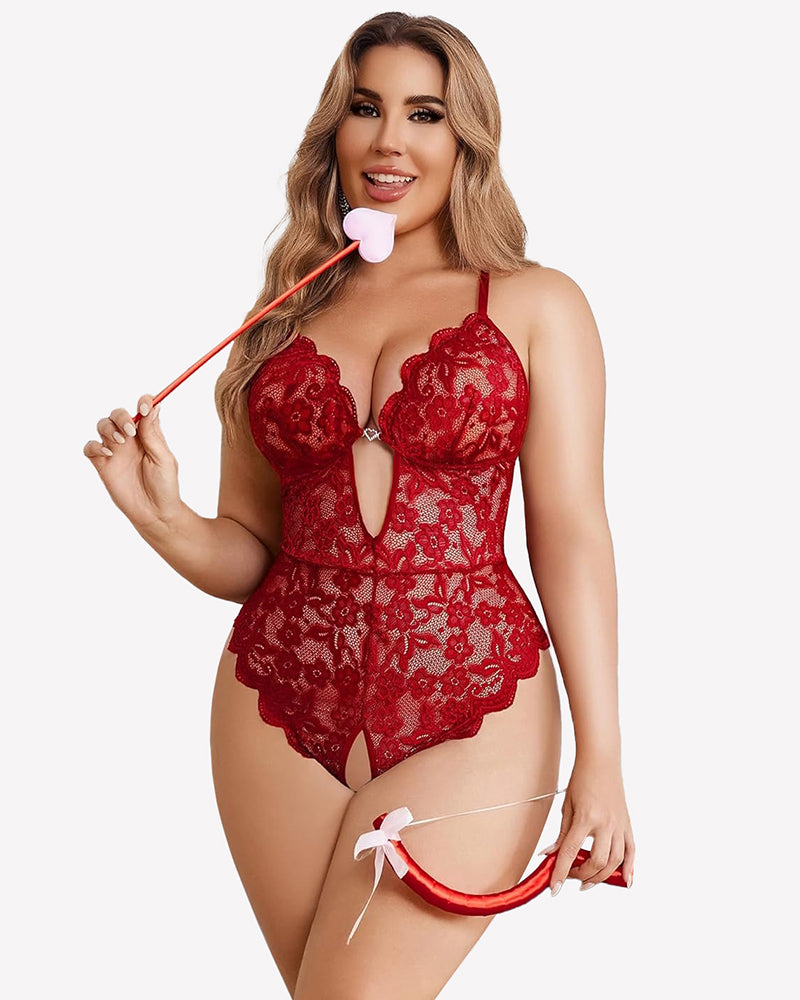 Plus Size Lace Crotchless Bodysuit Red Lingeries-Bodysuits - Tophatter Daily Deals