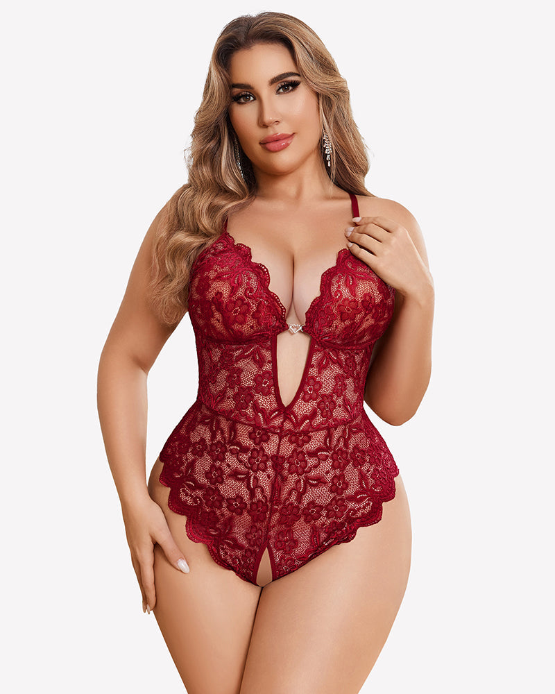Plus Size Lace Crotchless Bodysuit Wine Red Lingeries-Bodysuits - Tophatter Daily Deals