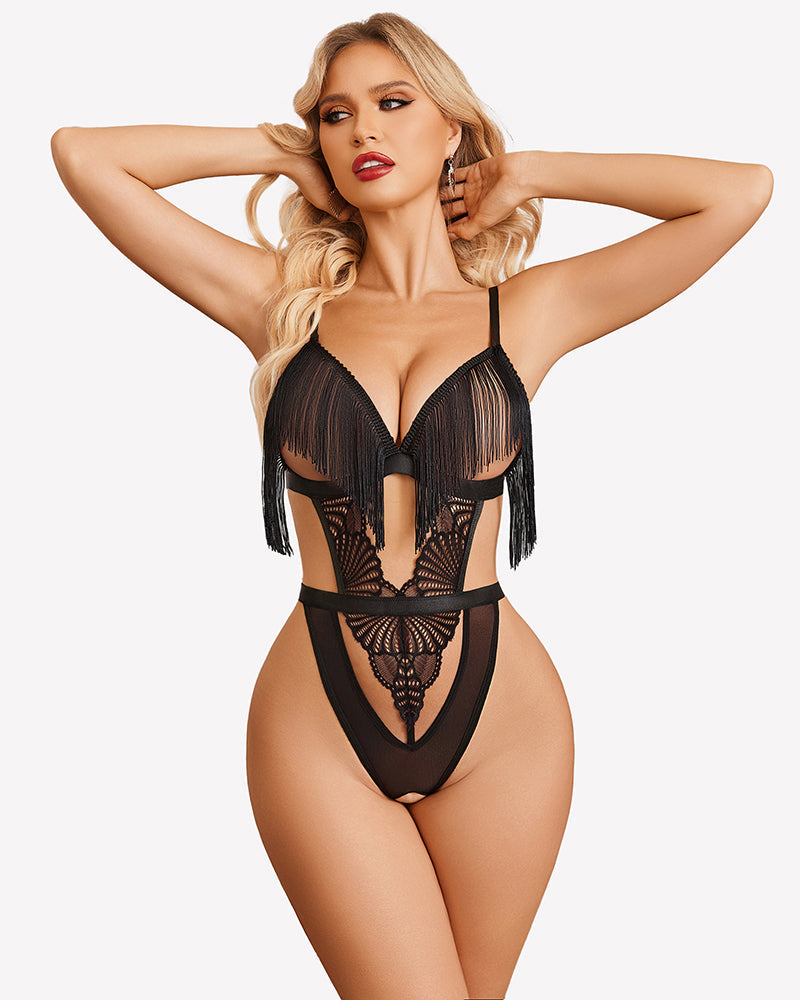 Tassel Cup Lace Crotchless Bodysuit Lingeries-Bodysuits - Tophatter Daily Deals