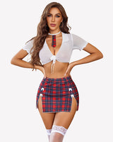 Costume Sheer Tie Top and Mini Skirt with Thong White & Red Lingerie Sets-Skirt Sets - Tophatter Daily Deals