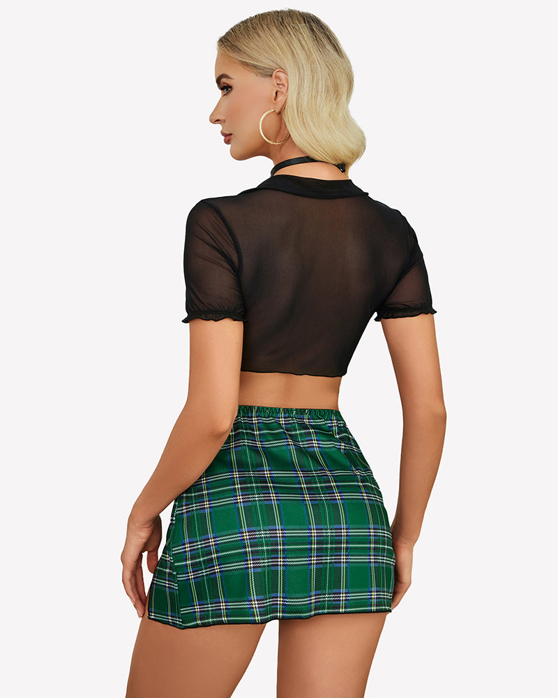 Costume Sheer Tie Top and Mini Skirt with Thong Lingerie Sets-Skirt Sets - Tophatter Daily Deals